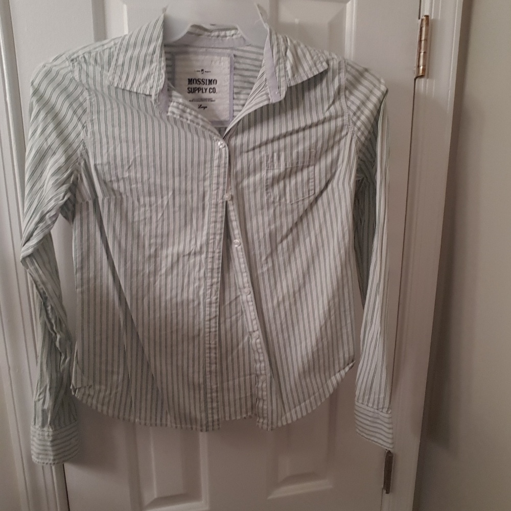 White & Green Striped Button Down Blouse